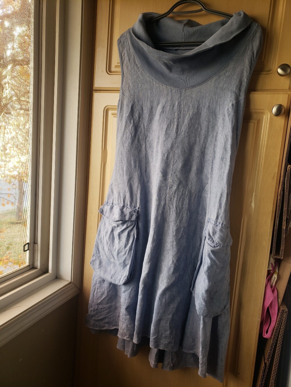 Women's Linen Blend Sleeveless Light Blue Pocket Dress with Cowl Neck
